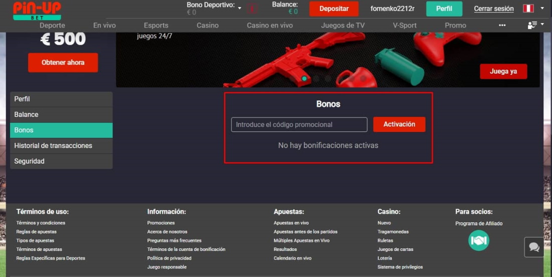 sección de ofertas de bonificación en cuenta personal